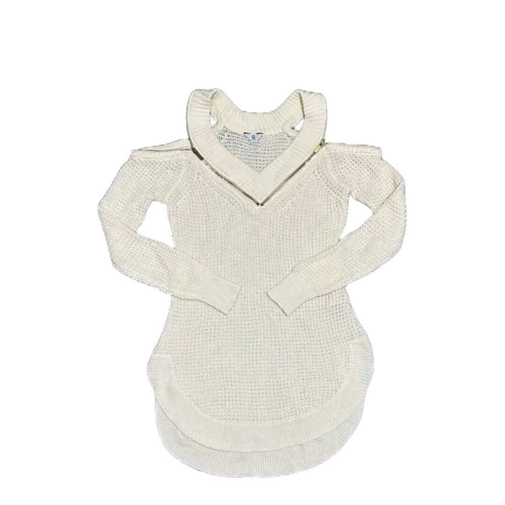 G By Guess Open Knit Cold Shoulder Tunic Sweater V-Neck Zipper Trim Blush Size M